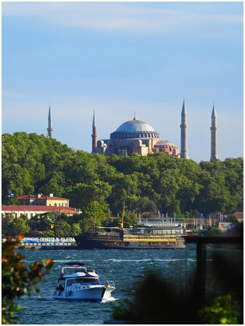 Scenic view of Hagia Sophia and Bosphorus with boa
