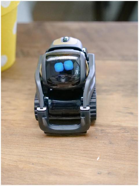 A small, innovative robot toy displaying blue digi