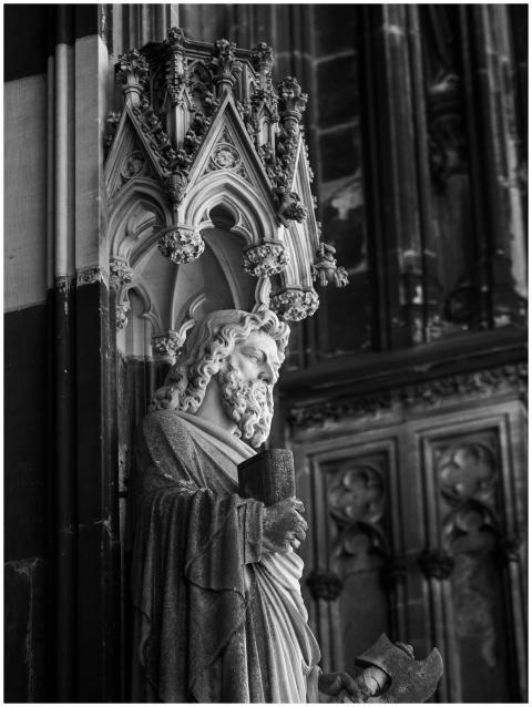 Black and white photo of an intricate Gothic sculp