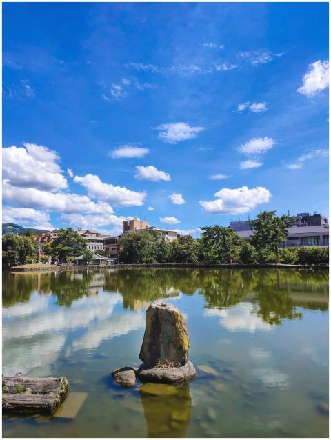 Peaceful lake scene with city buildings reflected,