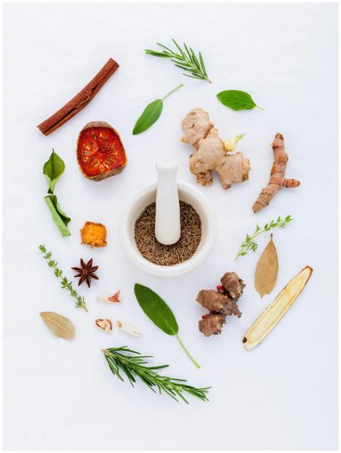 A flat lay of diverse spices and herbs surrounding