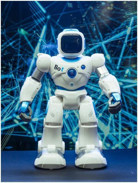 Futuristic humanoid robot against a blue network p