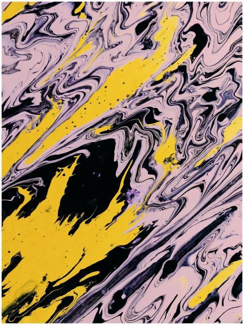 Dynamic abstract painting with vibrant yellow, bla