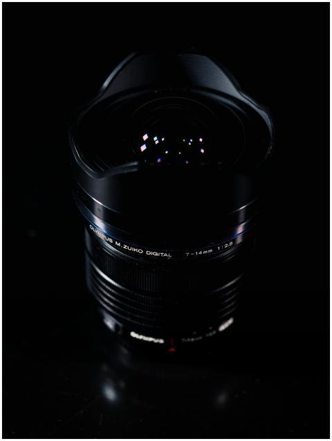 Moody close-up shot of a modern camera lens reflec