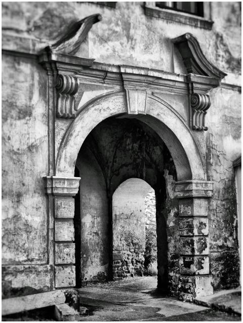 Monochrome photo of an ancient archway showcasing