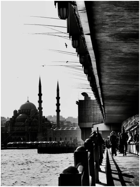 Black and white view under Galata Bridge with mosq