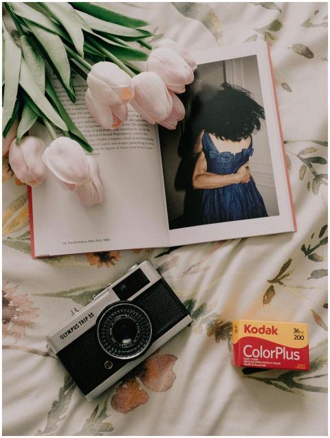 Top view of a vintage camera, tulips, and an open
