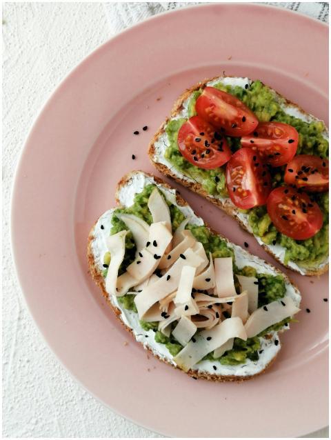 Flat lay of avocado toast with tomatoes and turkey