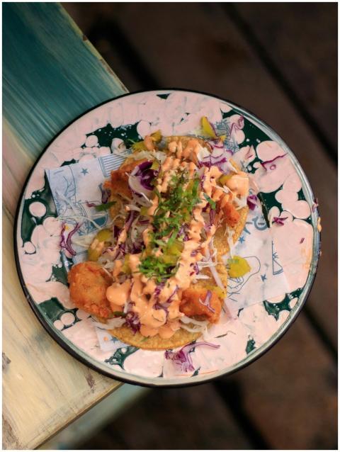 Tasty fish taco topped with sauce, cabbage and her