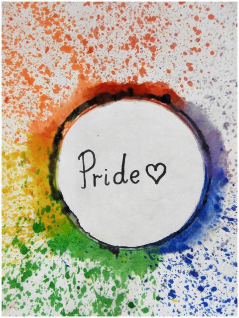 Colorful abstract artwork with a central Pride mes
