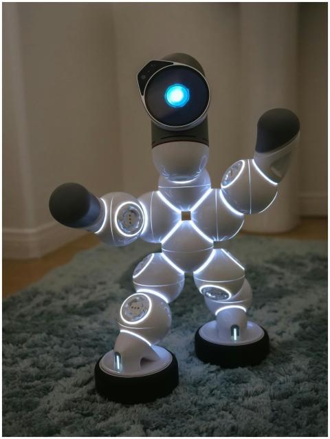 A modern humanoid robot with glowing LED lights, p