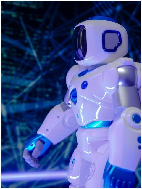 Close-up of a modern humanoid robot with glowing b