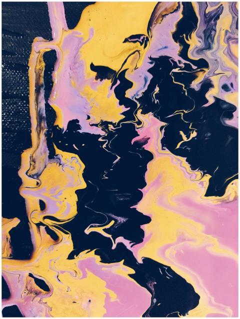 A colorful abstract swirl painting in black, pink,