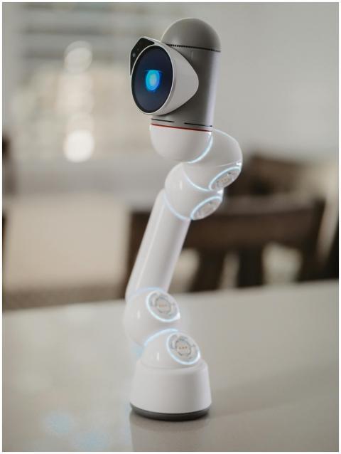Modern robotic arm with blue sensor, showcasing fu