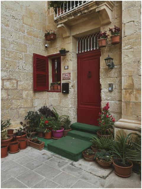 Picturesque entrance with vibrant plants and class