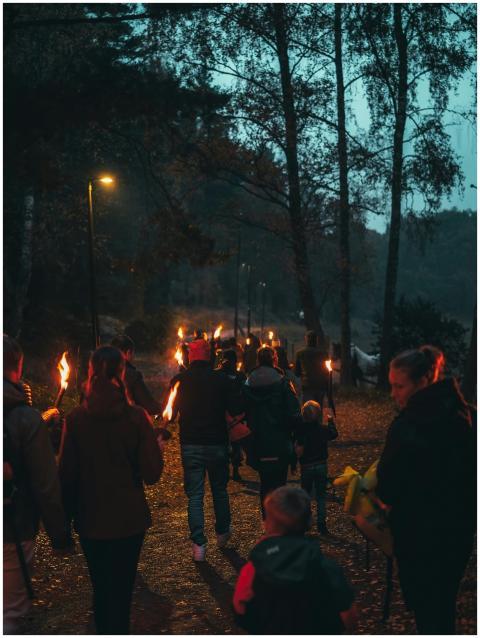 A group of people walking with torches through a f