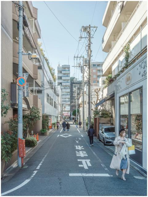 Urban street scene in Meguro, Tokyo depicting dail