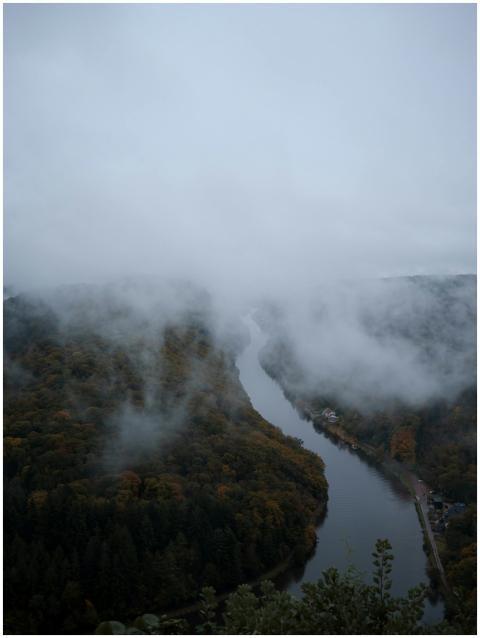 A serene view of a winding river through a misty a