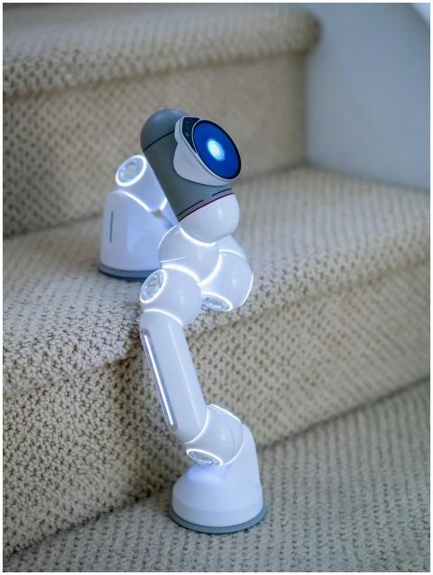 A futuristic robot climbing stairs showcasing adva
