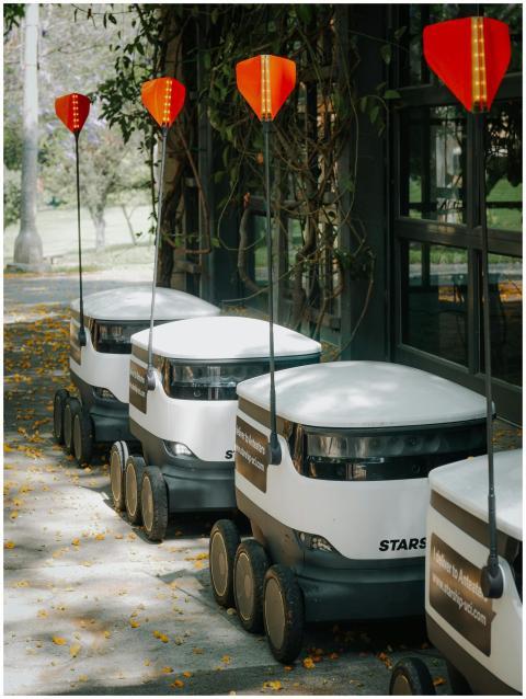 Row of futuristic autonomous delivery robots parke