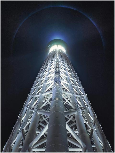 Stunning upward view of Tokyo Skytree illuminated