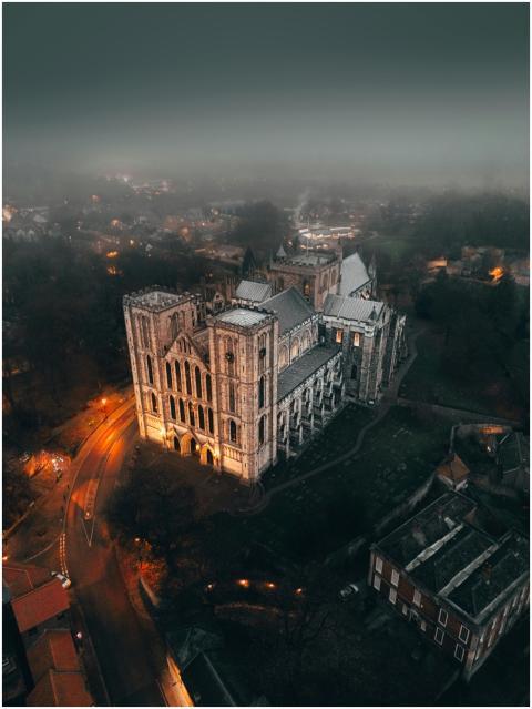 Dramatic aerial photo of Ripon Cathedral surrounde