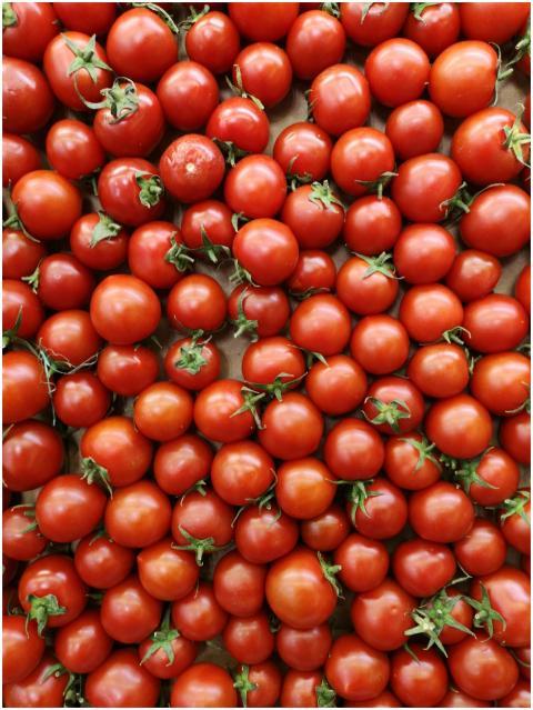 Top view of fresh, ripe cherry tomatoes, perfect f