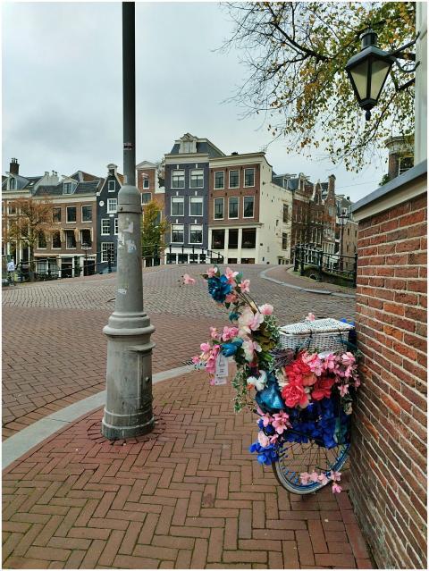 Colorful bike decor in scenic Amsterdam street wit