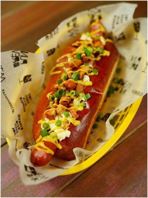 Delicious hot dog with toppings, ready-to-eat in a