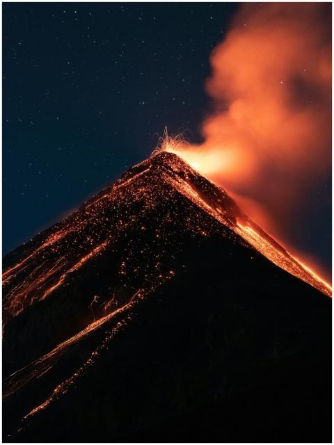 Breathtaking night eruption of a volcano with glow
