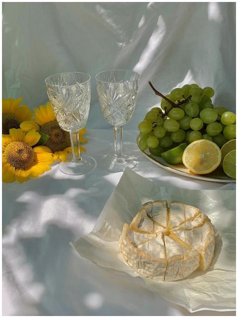 Elegant still life featuring cheese, grapes, and c