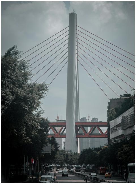 View of the Yangpu Bridge amidst urban cityscape i