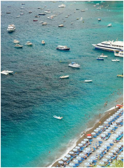 Aerial view of Positano's turquoise waters, sandy