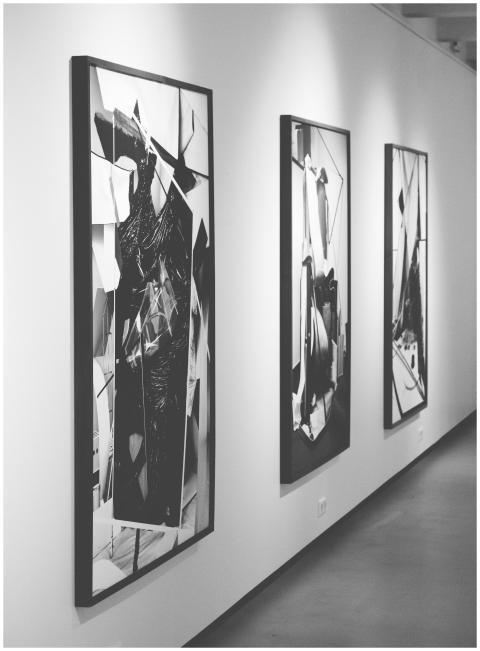 Monochrome abstract paintings on display in a mode