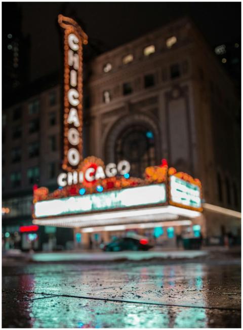 Iconic Chicago Theater illuminated with neon light
