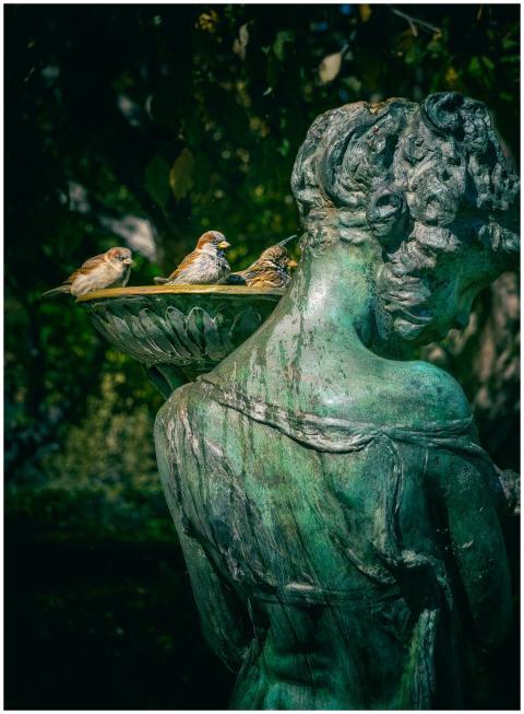 A bronze statue holds a bowl with birds bathing in