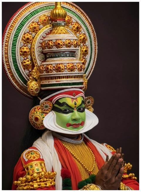 Vibrant portrait of a Kathakali dancer in traditio