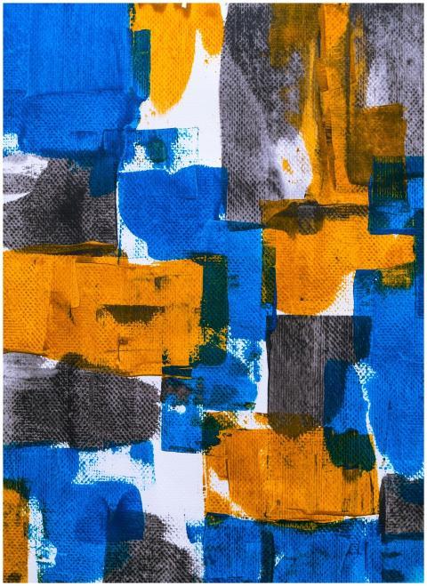 Dynamic abstract painting featuring bold blue and
