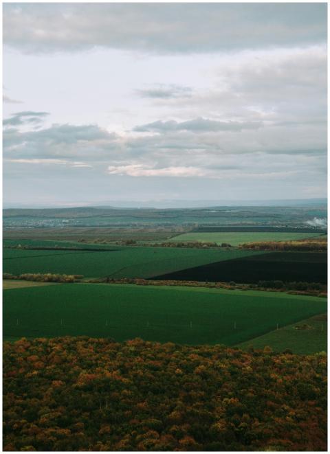 Scenic aerial view of lush green fields and distan