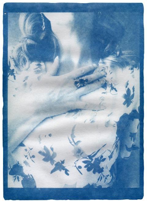 A vintage-style cyanotype print showcasing a flora