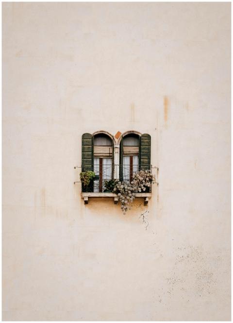 A vintage arched window with green shutters featur