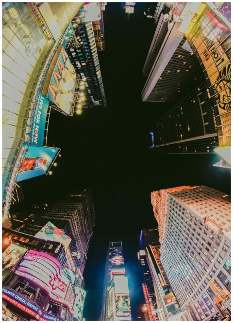 Stunning fisheye capture of Times Square's vibrant