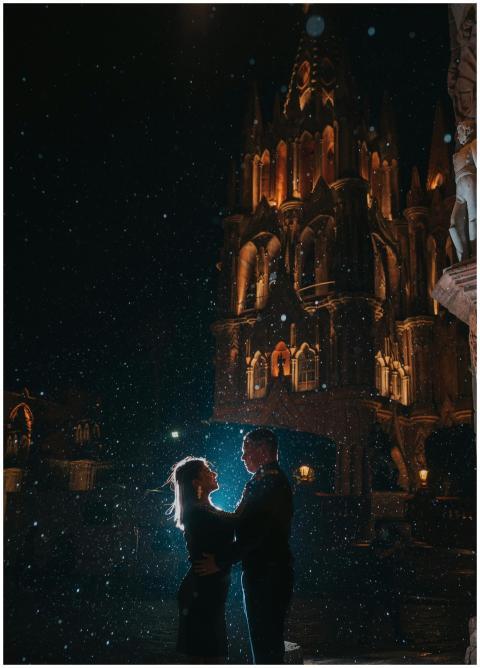 Silhouette of a couple embracing at night in front