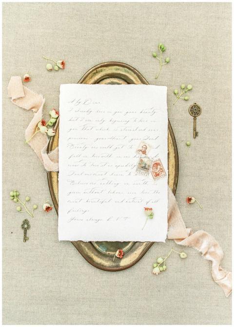 A vintage-style handwritten letter on a tray with