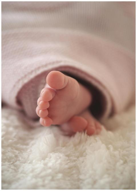 A tender close-up of newborn baby feet wrapped in