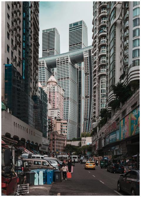 Bustling urban street with striking skyscrapers an