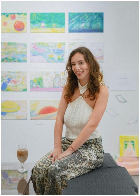 Woman enjoying art exhibition in Shinjuku, Tokyo,