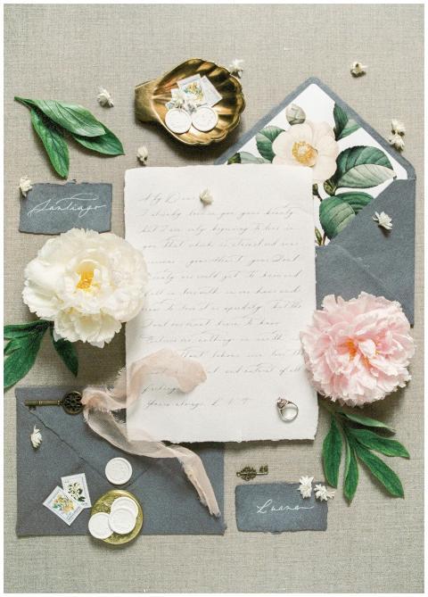 An artistic flat lay featuring vintage stationery,