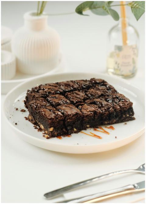 A delectable chocolate brownie dessert on a stylis