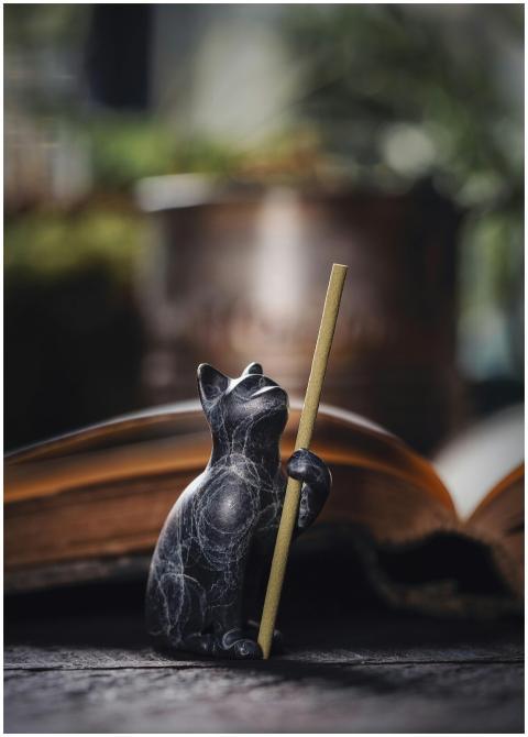 Close-up of a marble cat figurine holding an incen